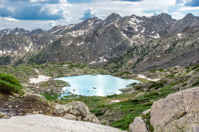 Scenic view of lake and mountains against sky