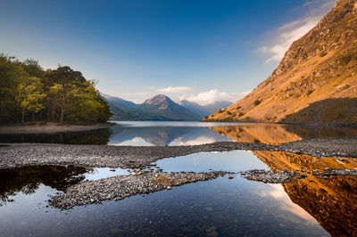 Scenic view of lake by mountains against sky