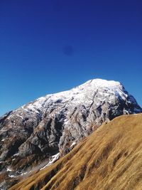 Scenic view of mountains against clear blue sky