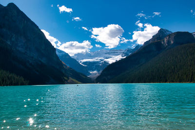 Scenic view of lake and mountains against sky