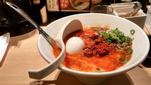 Close-up of food served in bowl on table