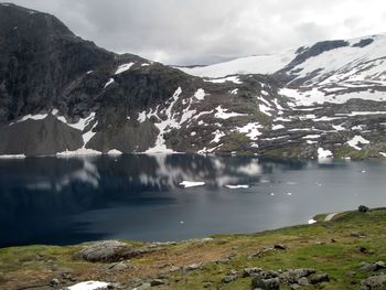 Scenic view of lake and snowcapped mountains against sky