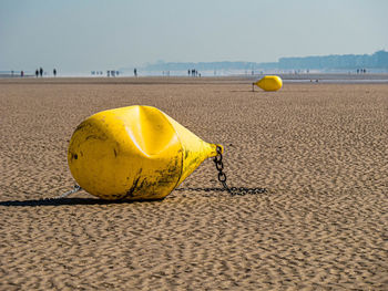 Yellow buoys at low tide lost at the beach