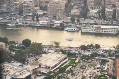 High angle view of cityscape and river
