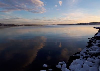 Scenic view of lake against sky during sunset