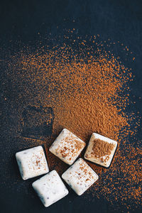 High angle view of chocolates on table