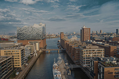 High angle view of buildings by river against sky