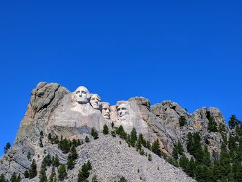 Low angle view of statue against blue sky