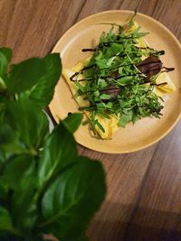 High angle view of leaves in plate on table