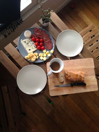 High angle view of breakfast served on table