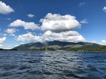 Scenic view of sea and mountains against sky