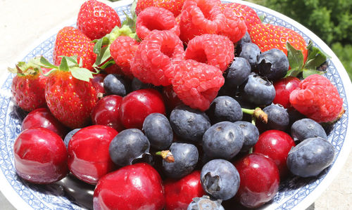 High angle view of strawberries in bowl