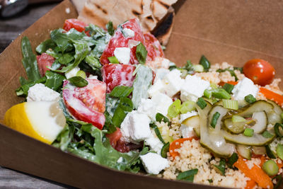 Close-up of salad served on table