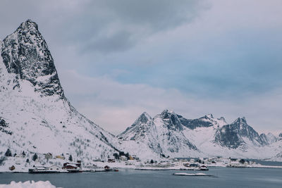 Scenic view of snowcapped mountains against sky during winter