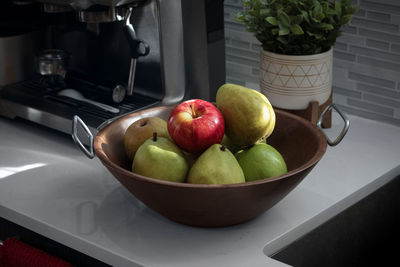 High angle view of fruits in bowl on table