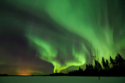 Scenic view of aurora borealis over snowy field at night