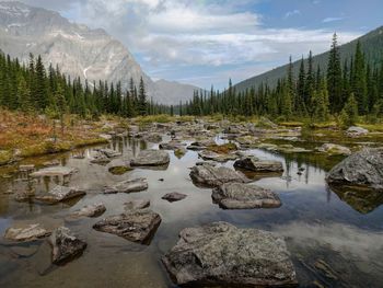 Scenic view of river amidst mountains against sky