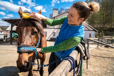 Woman cleaning horse