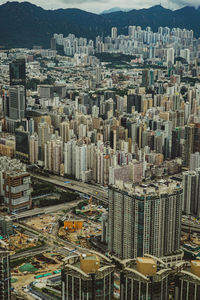 High angle view of modern buildings in city