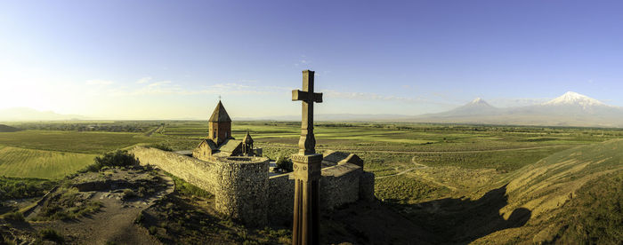 Panoramic shot of khor virap against sky