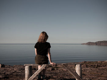 Rear view of woman sitting at beach against clear sky