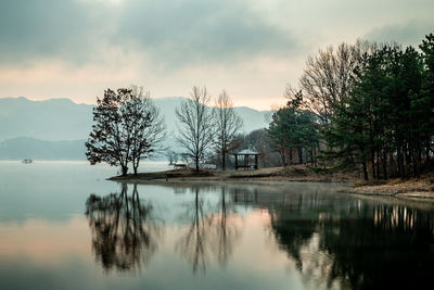 Scenic view of lake by trees and buildings against sky