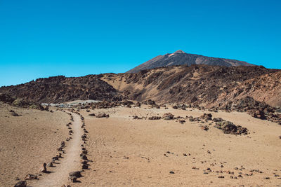 Scenic view of desert against clear blue sky