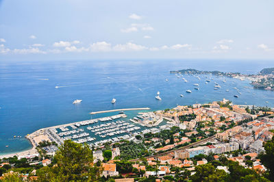 High angle view of buildings and sea