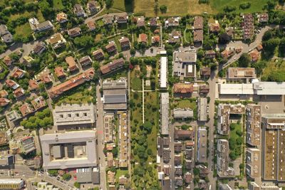 High angle view of buildings in city