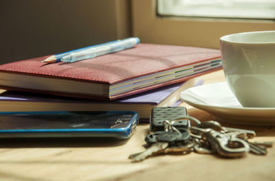 High angle view of books on table