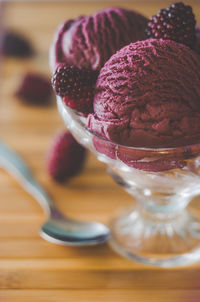 Close-up of ice cream in glass on table