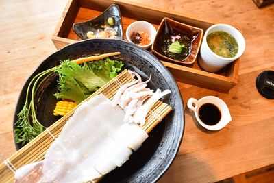 High angle view of food served on table