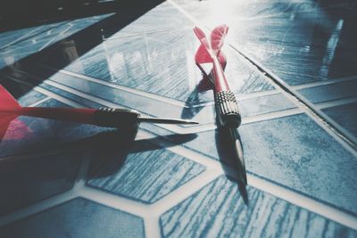 High angle view of woman standing on table