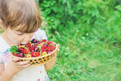 Rear view of woman holding strawberries