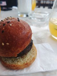 Close-up of burger on table