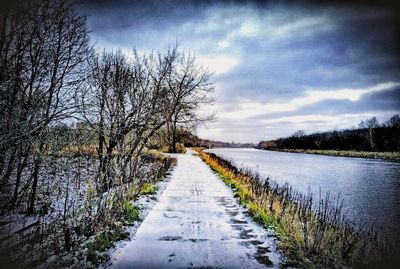 Road passing through bare trees against cloudy sky