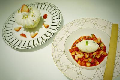 High angle view of breakfast served on table