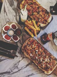 High angle view of meal served on table