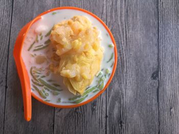 High angle view of food in plate on table