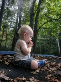 Boy sitting on tree in forest