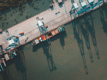 High angle view of freight transportation on sea at port