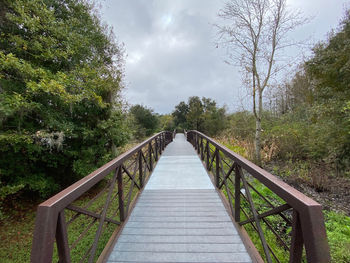 Footbridge amidst trees against sky