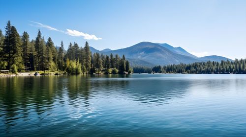 Scenic view of lake and mountains against clear sky