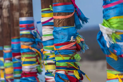 Close-up of multi colored tied up for sale