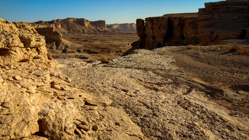 Rock formations on landscape against clear sky