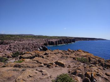 Scenic view of sea against clear blue sky