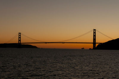 Silhouette golden gate bridge over sea against clear sky during sunset