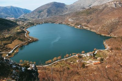 High angle view of lake and mountains