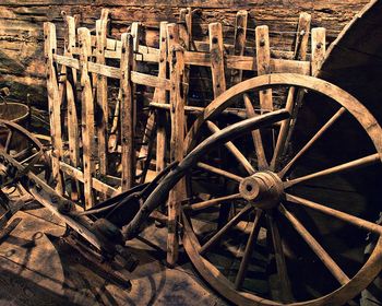 Close-up of old wheel on field