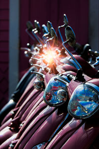 High angle view of motor scooter in a row